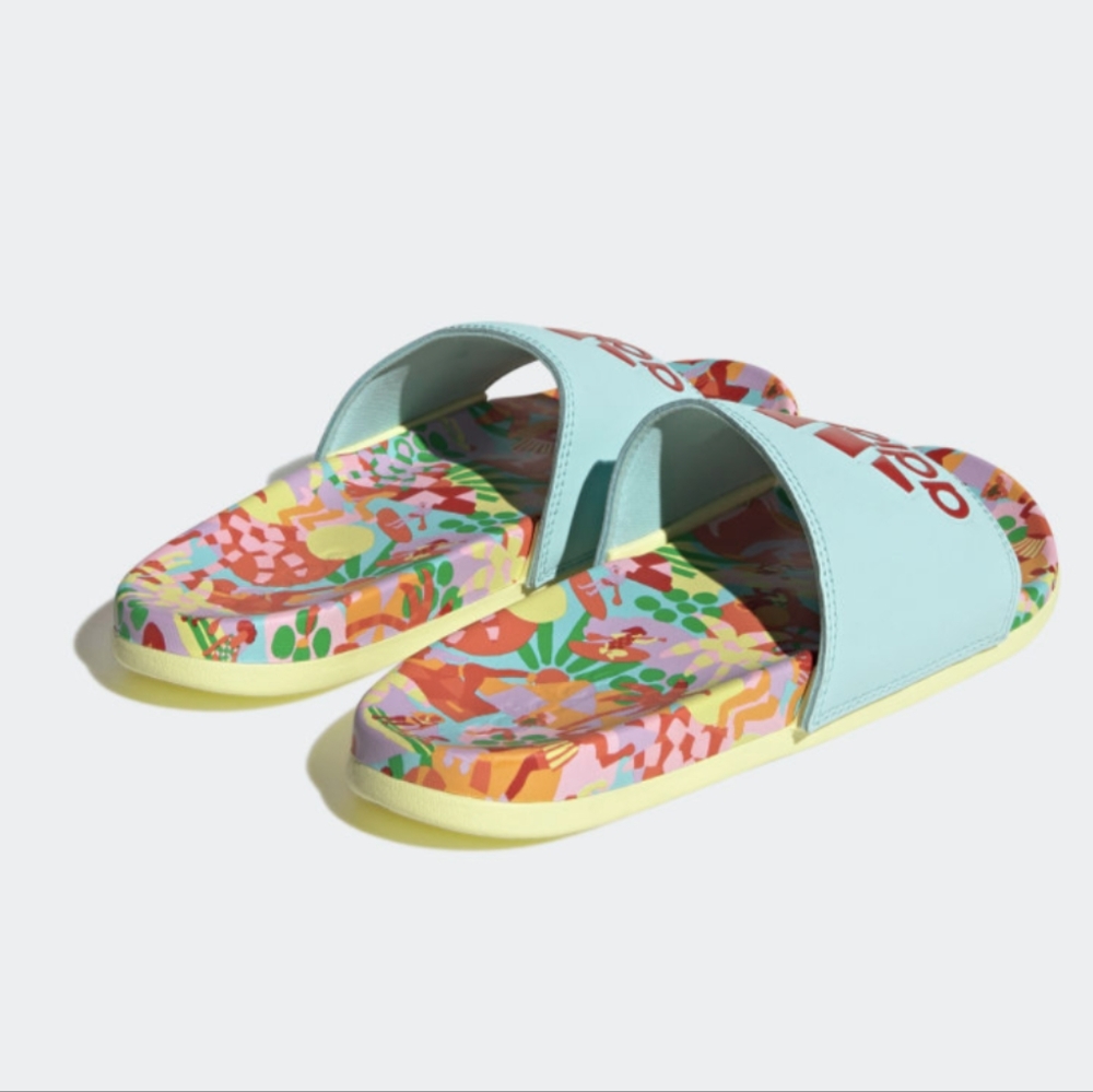 NIB FARM Rio Slide Sandals Adidas Collaboration Women's Size 10 Blue Beach Print - Picture 13 of 14